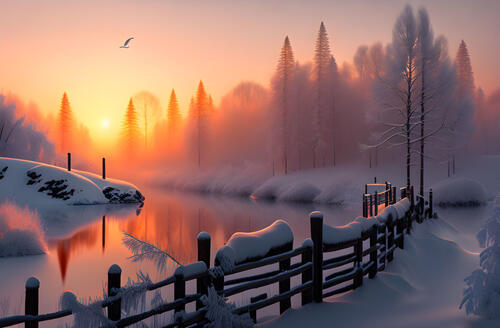 A misty dawn over the river in winter