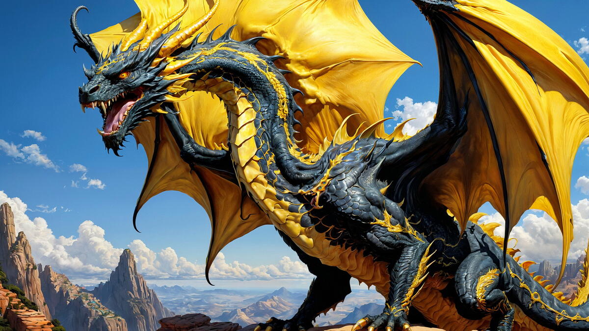Дракон с желтыми крыльями на фоне голубого неба и гор