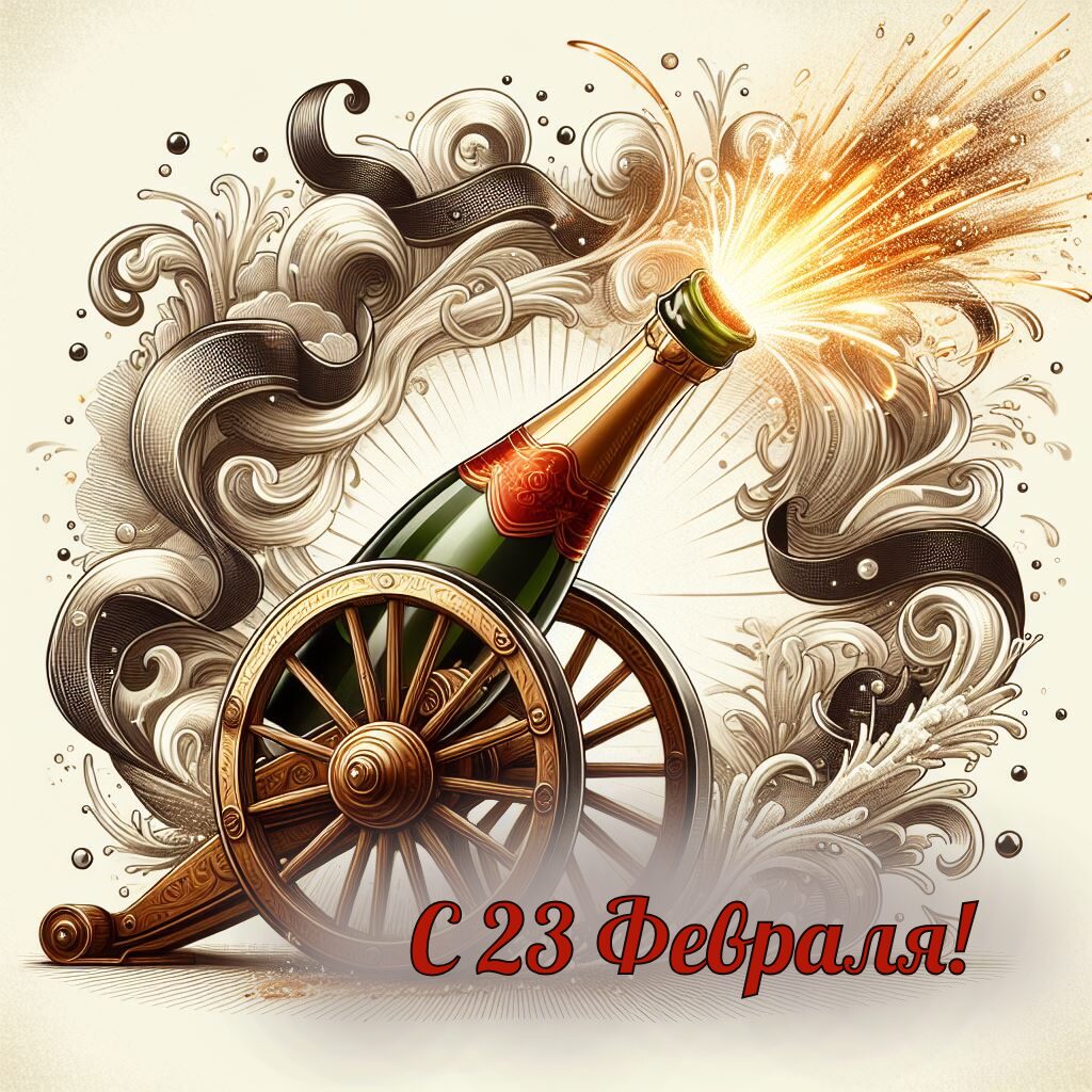 Бесплатная открытка С 23 февраля поздравляем с пушкой из шампанского