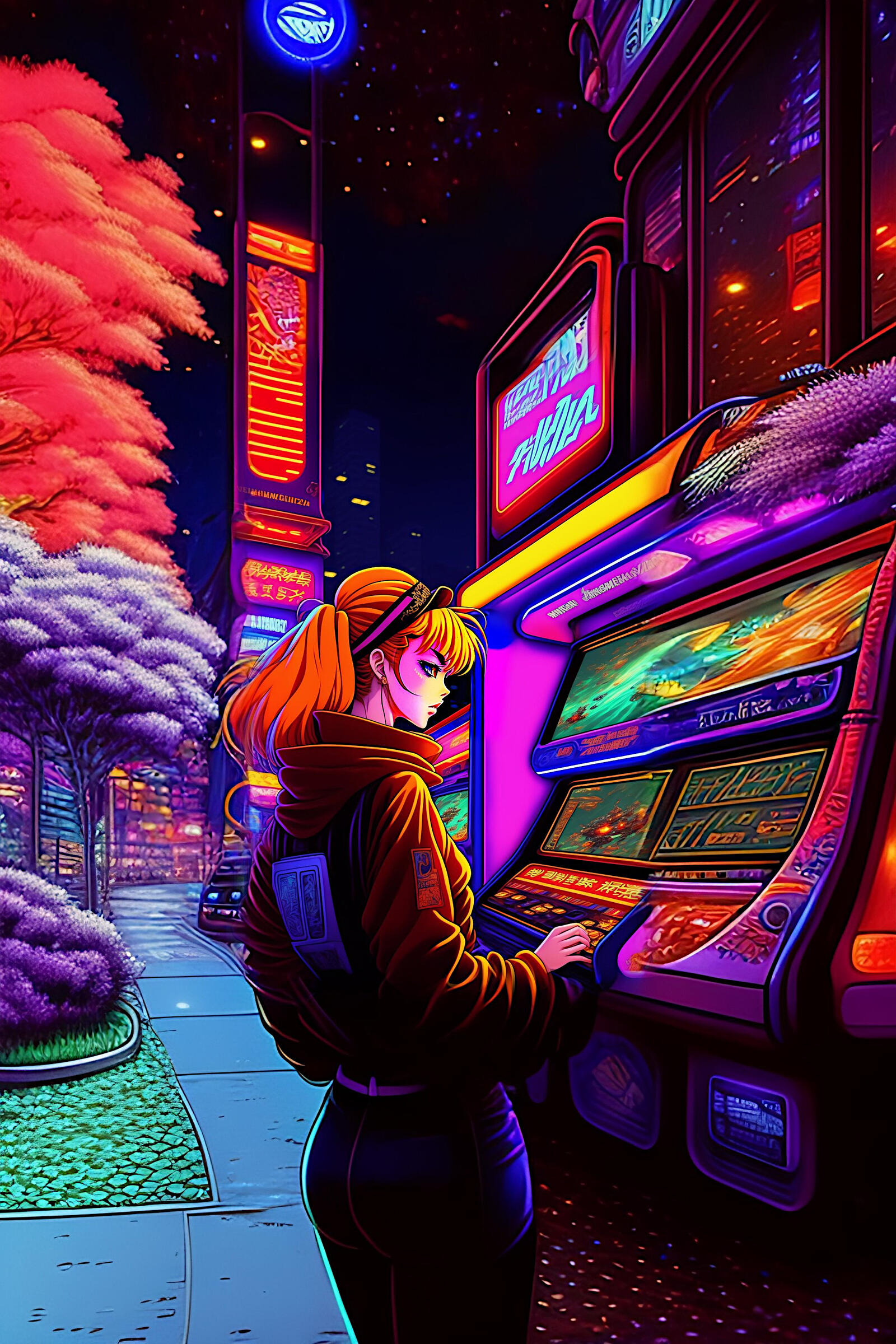 Бесплатное фото Аниме девочка у игровых автоматов