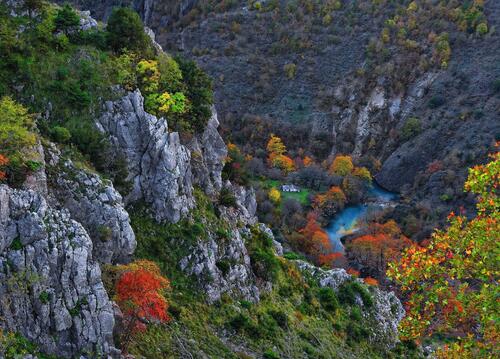 A river in an autumn ravine among the mountains
