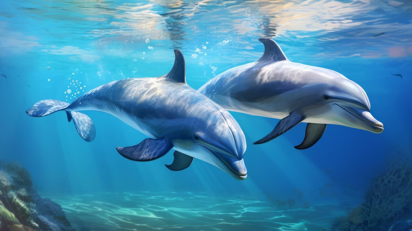 Free photo Two dolphins swimming together