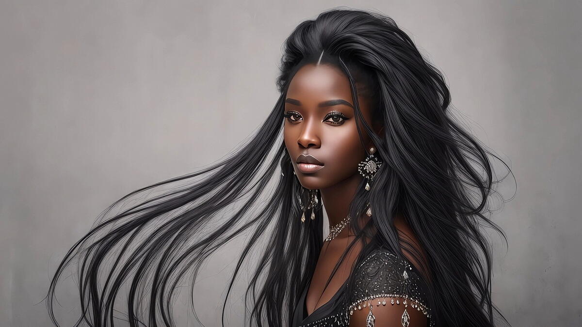 Портрет чернокожей девушки с длинными черными волосами на сером фоне
