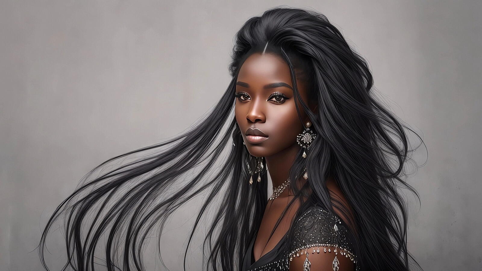 Бесплатное фото Портрет чернокожей девушки с длинными черными волосами на сером фоне