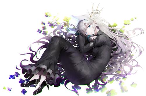 Anime girl in a black dress lying on a white background