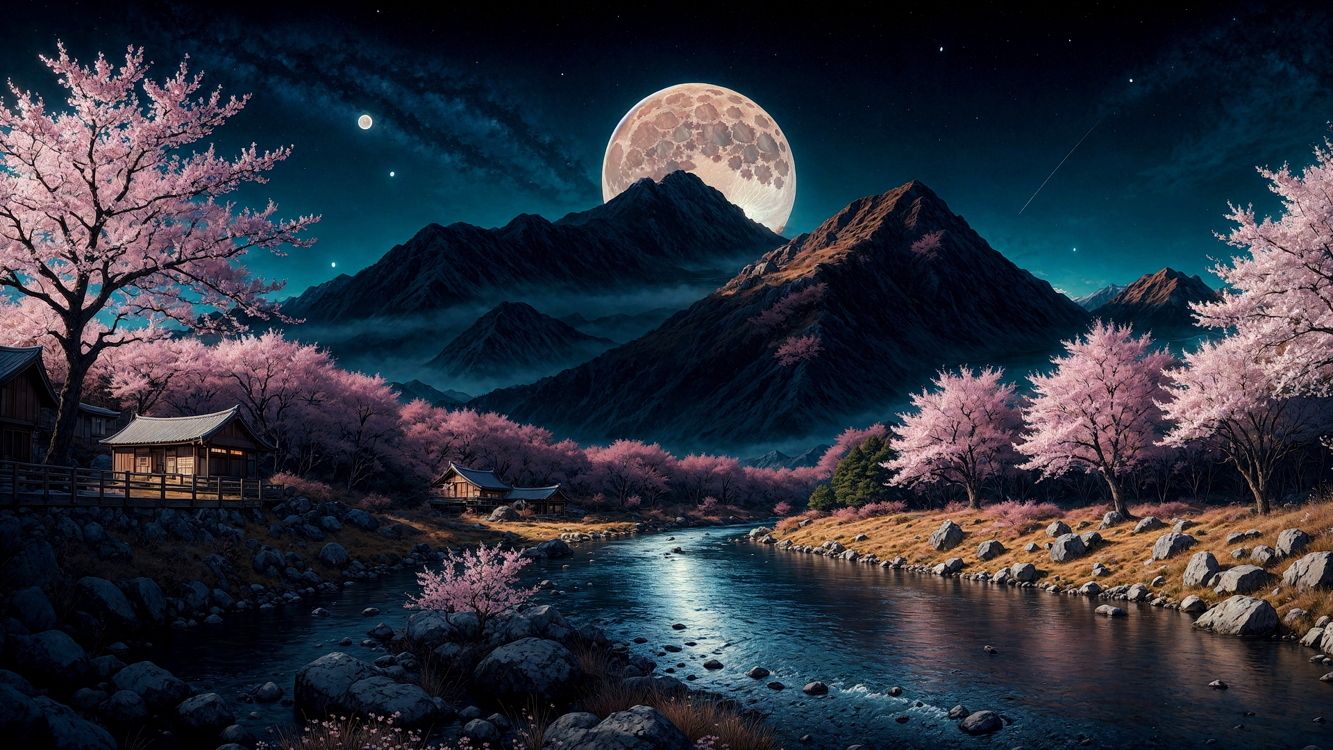 Mountain night landscape and trees