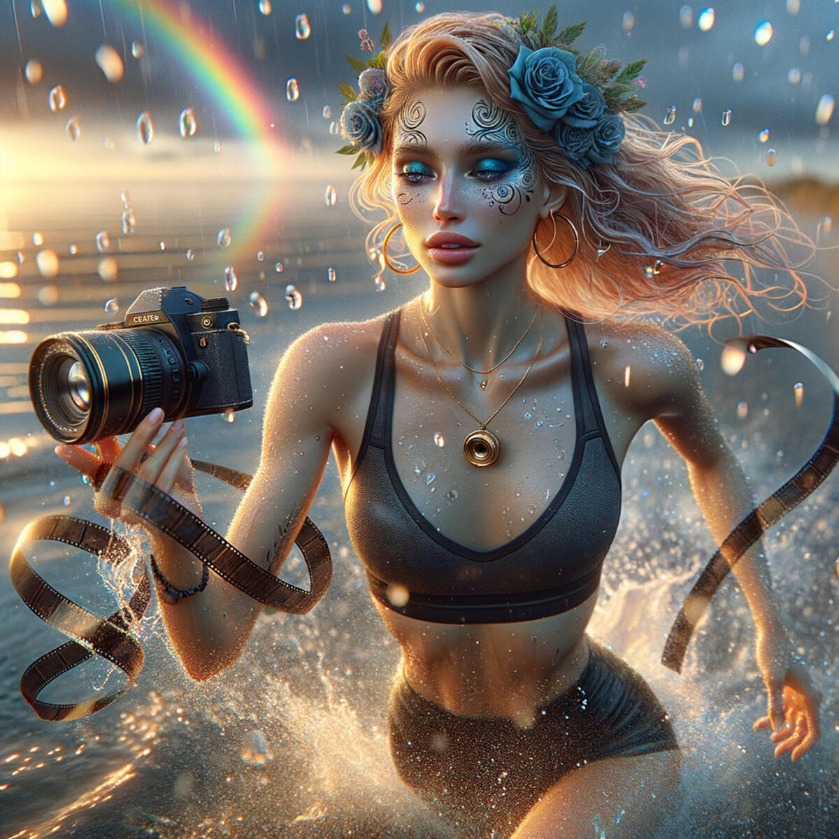 Девушка фотограф бежит в море