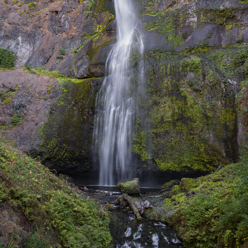 A waterfall from a moss-covered mountain