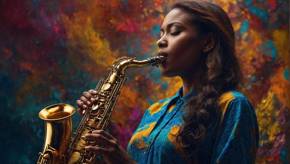 A woman wearing blue and yellow playing a saxophone