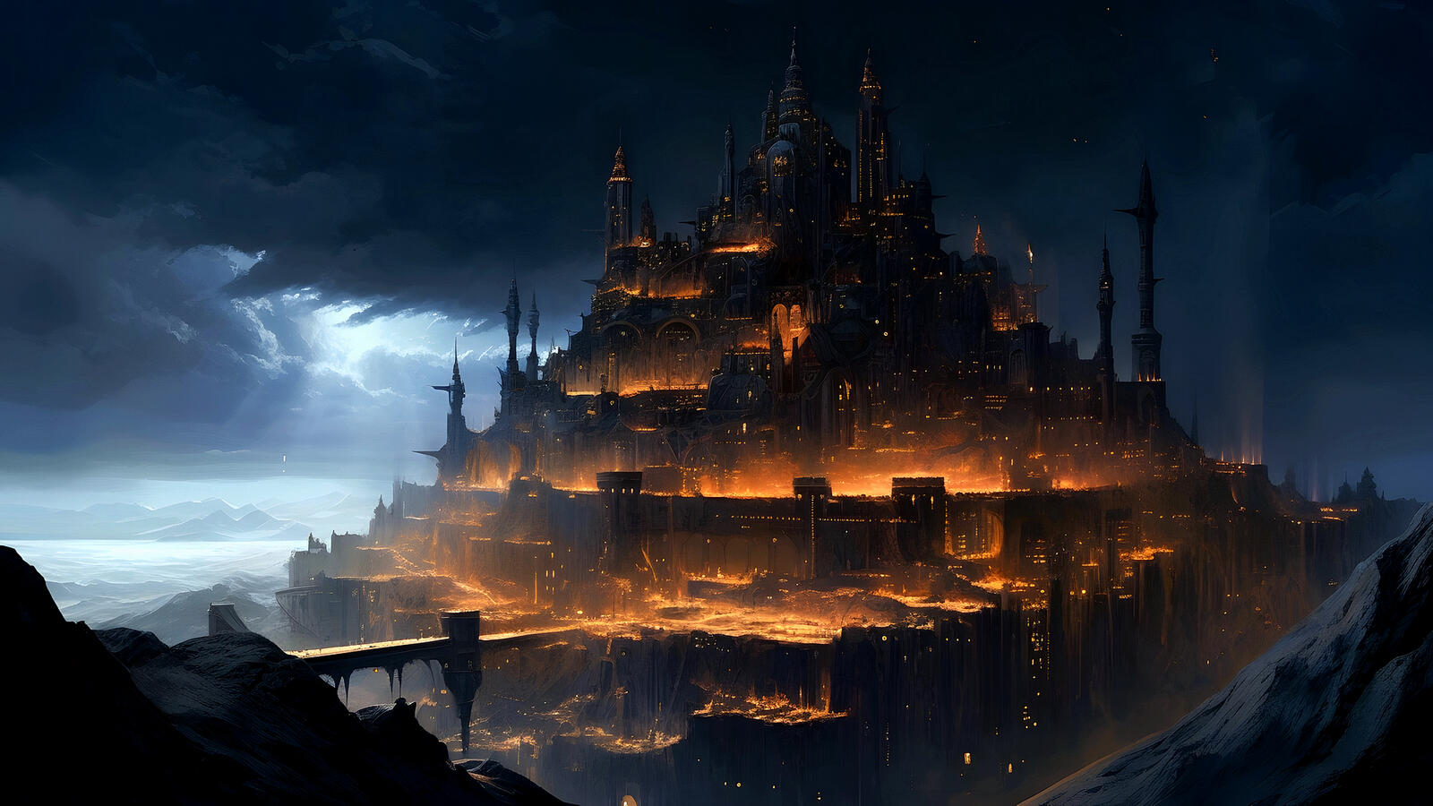 Фантастический город крепость ночью в огнях