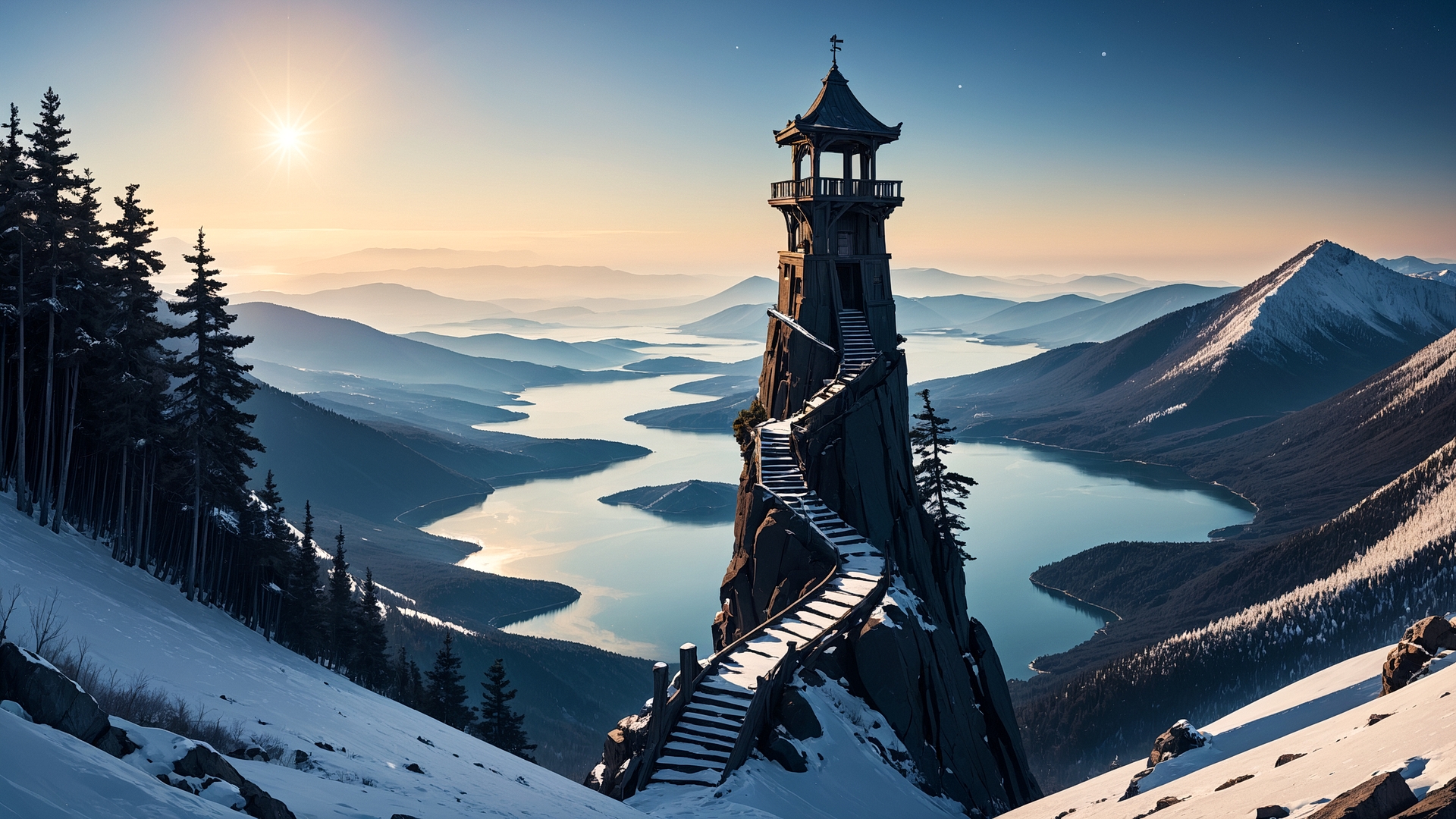 Бесплатное фото Зимний пейзаж и высокая башня