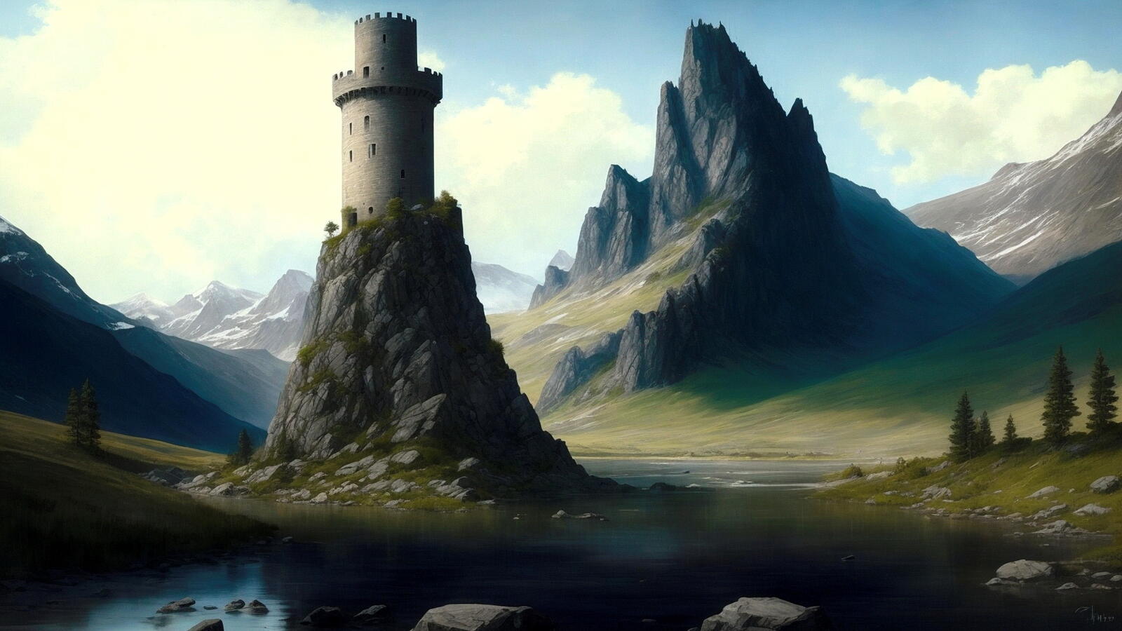 Бесплатное фото Башня у реки на фоне гор