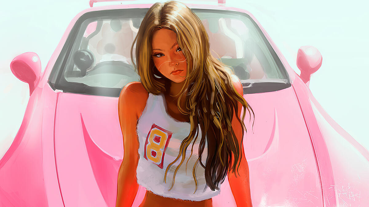 Рисунок девочки из форсажа Девон Аоки на фоне розовой машины