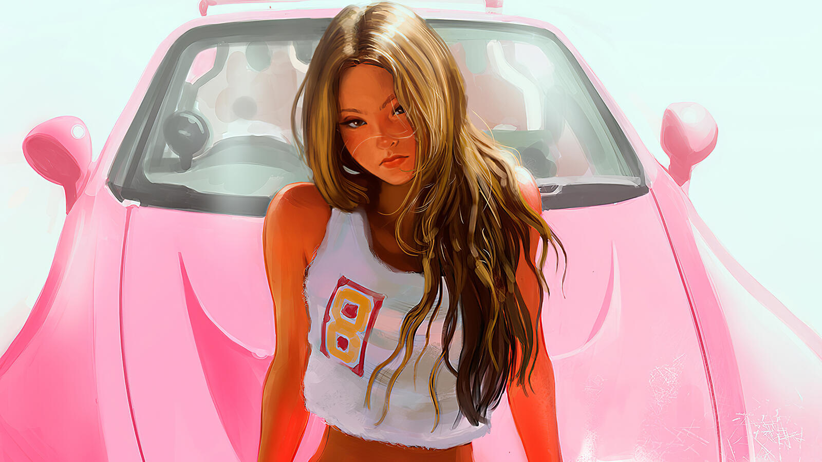 Бесплатное фото Рисунок девочки из форсажа Девон Аоки на фоне розовой машины