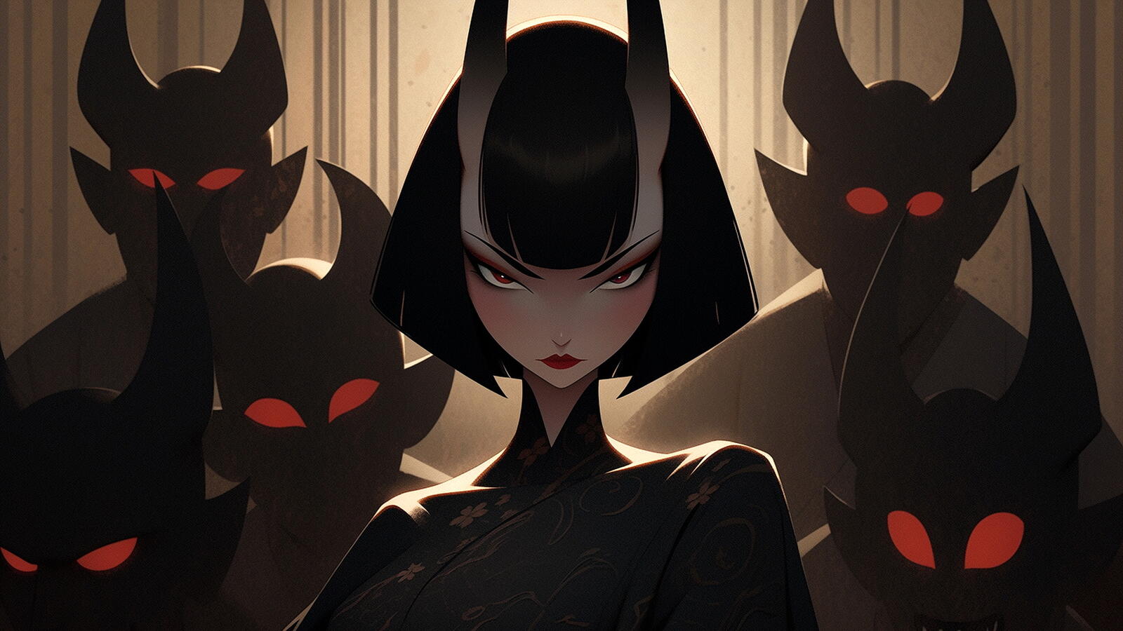 Бесплатное фото Рисунок девушка демон в окружении демонов