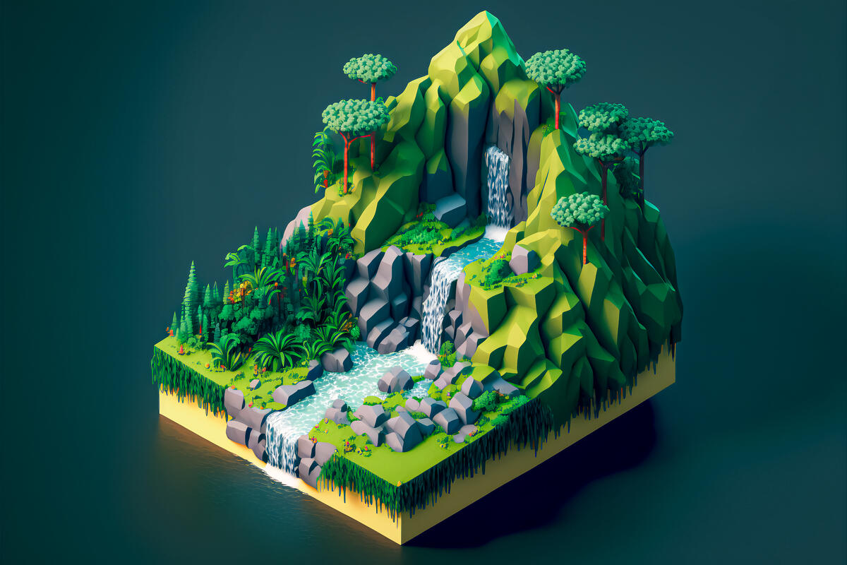 A wonderful 3D island with a waterfall and trees