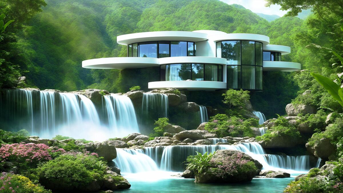 Beautiful villa with large windows built next to a waterfall in the forest