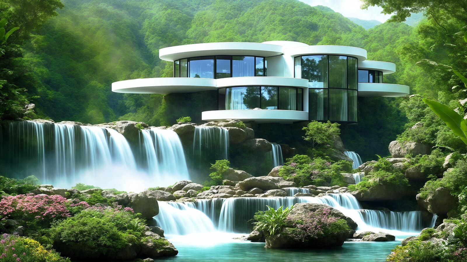Free photo Beautiful villa with large windows built next to a waterfall in the forest