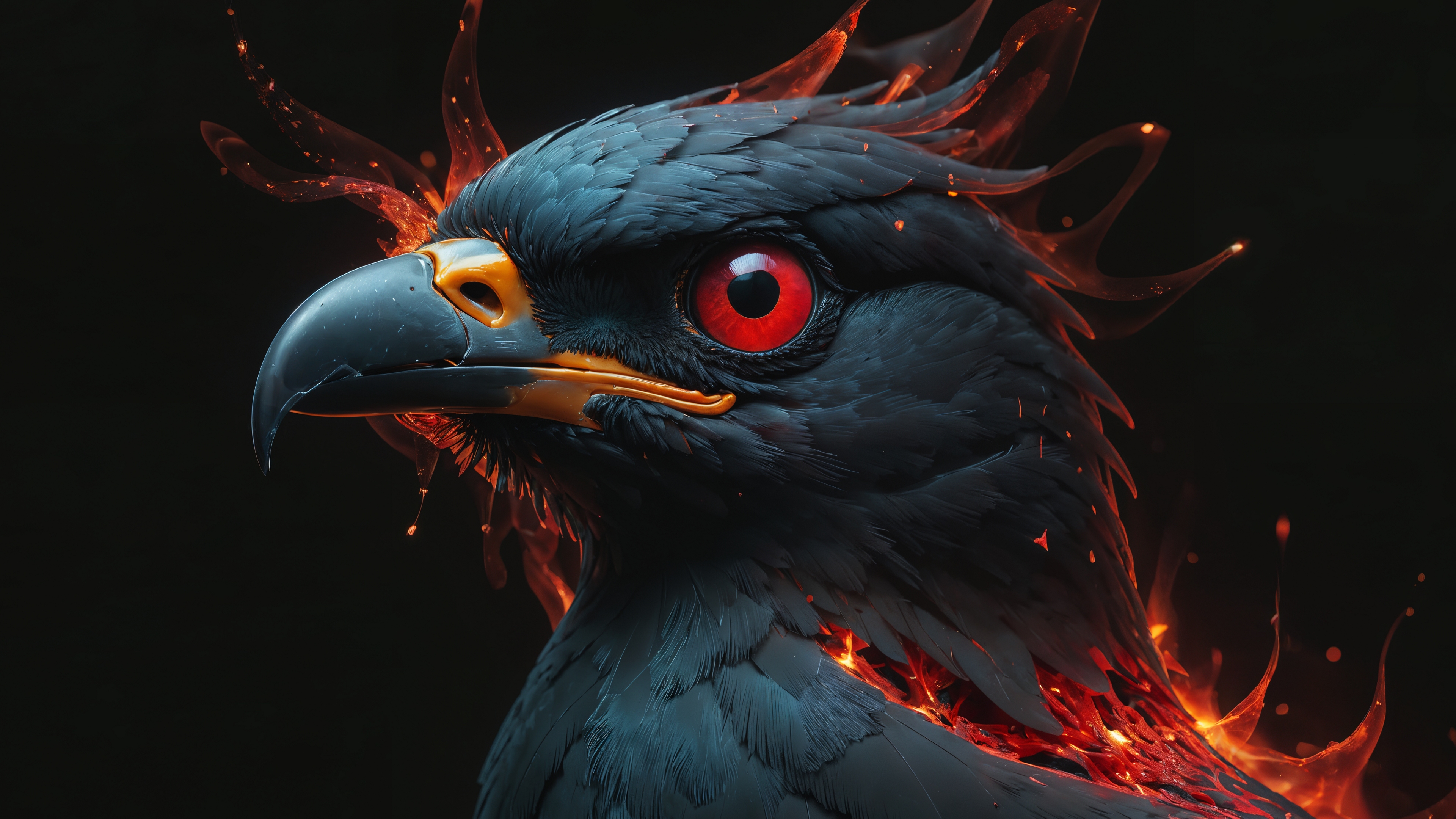 Бесплатное фото Черная огненная птица с красными глазами