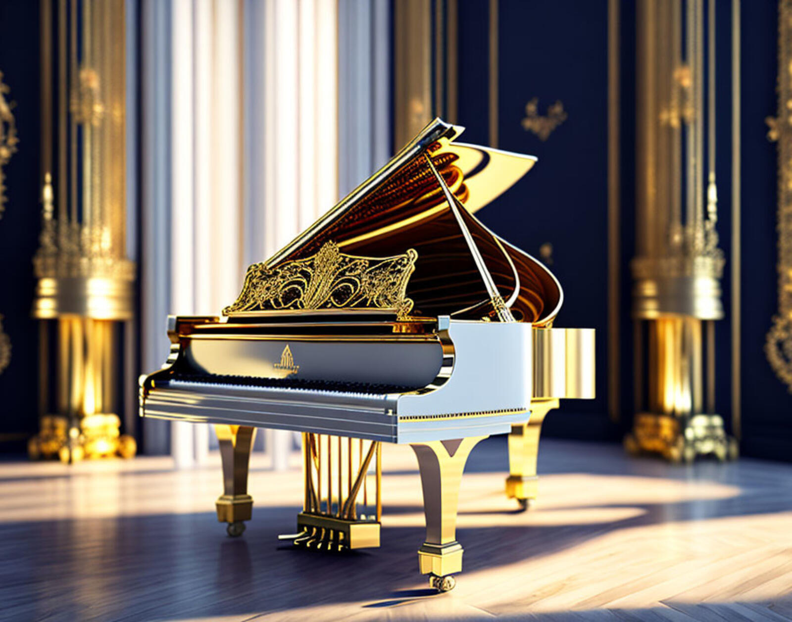 Free photo An antique piano in a room with gilded columns