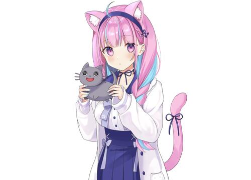 Anime girl with pink hair and a kitty in her hands