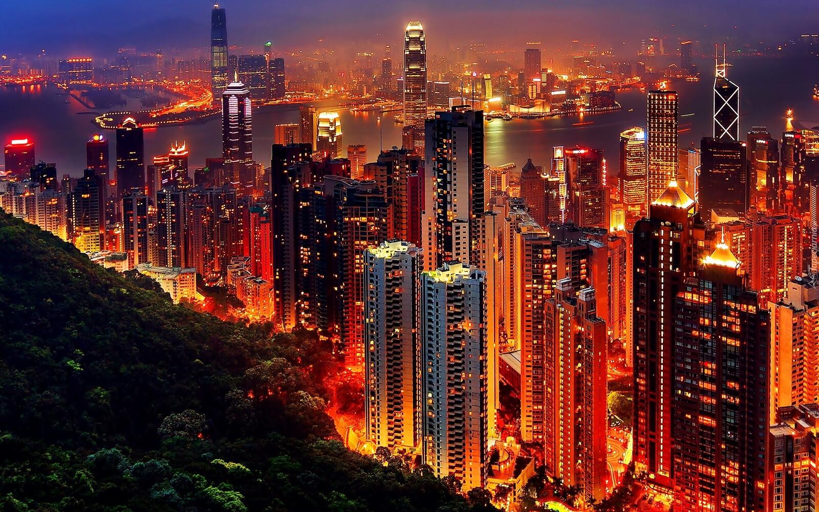 Бесплатное фото Ночной город с небоскребами в огненных красках