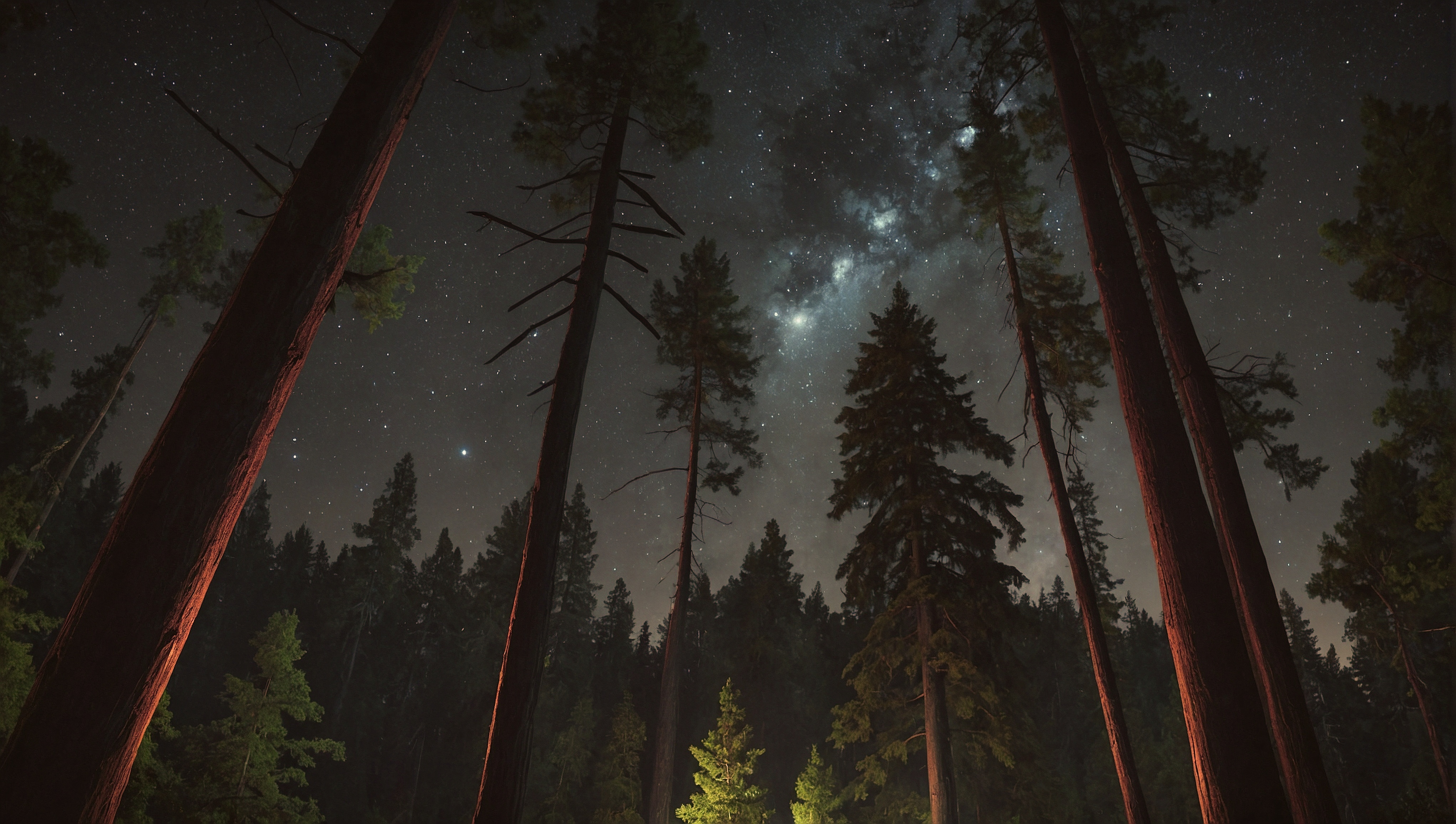 Бесплатное фото Звезды и ночное небо в темном лесу