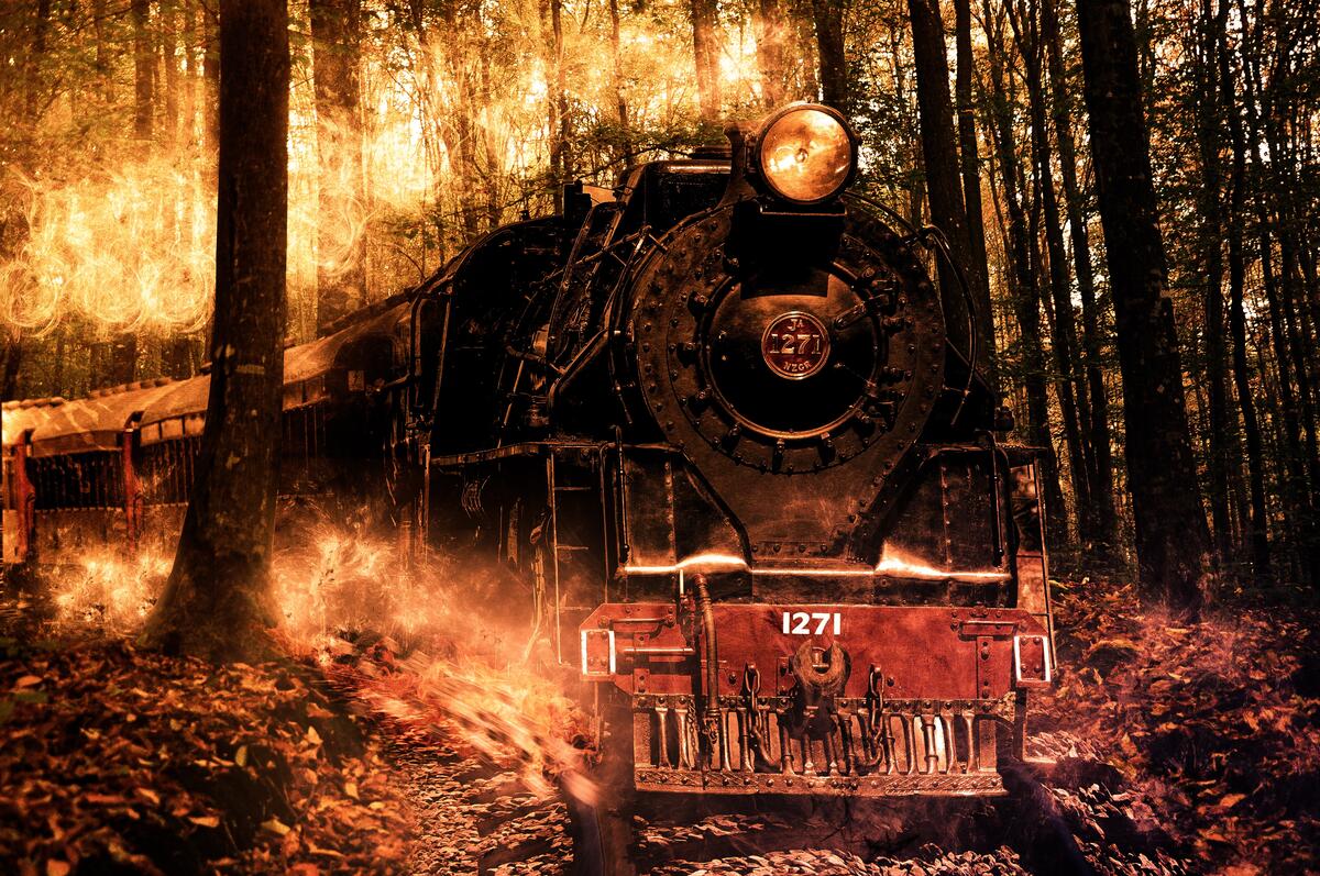 A fiery locomotive driving through the woods.
