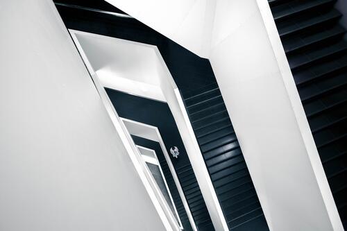 Modern entryway with dark stairs and white walls