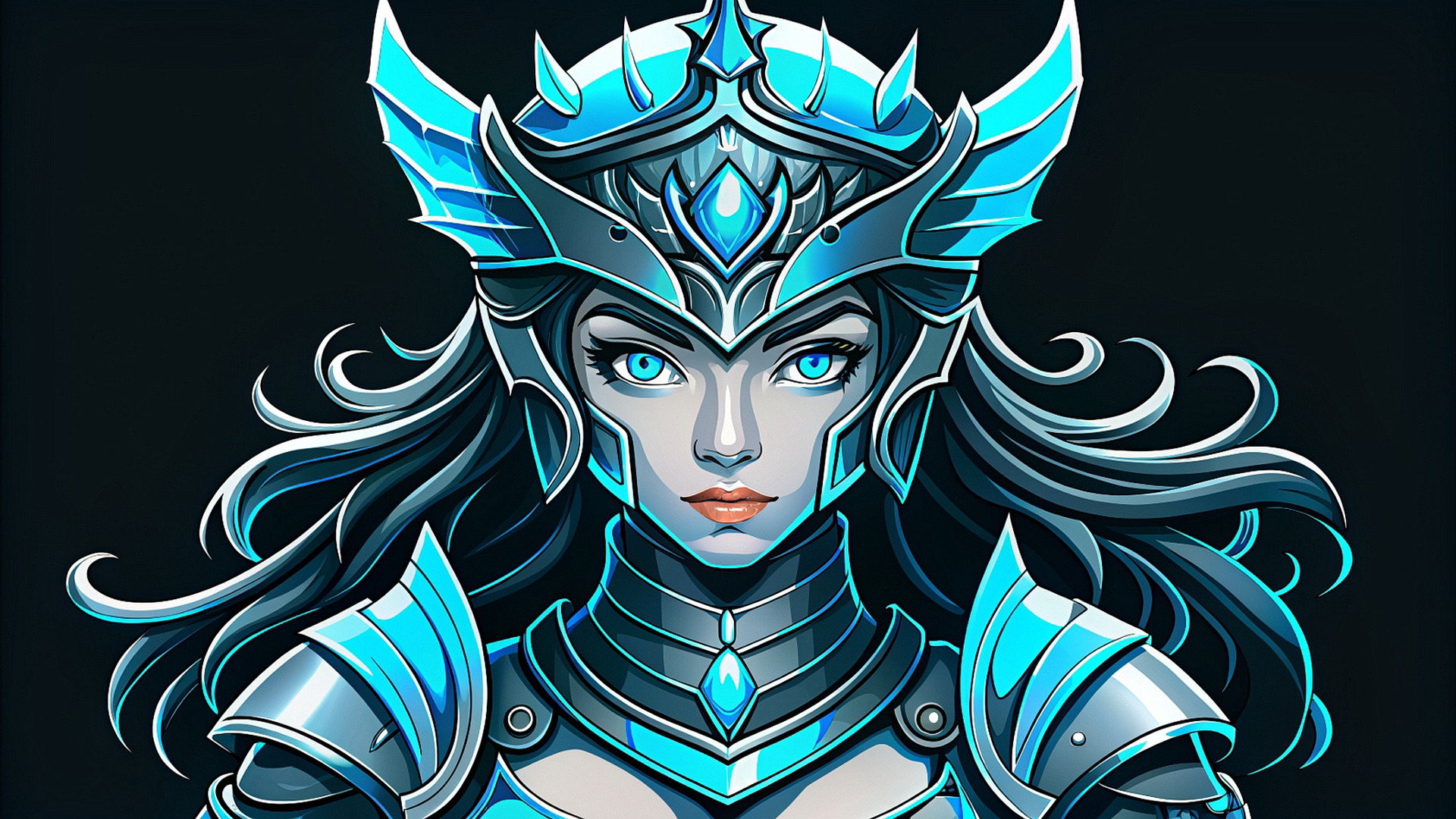 Drawing of a girl in helmet and armor on a black background