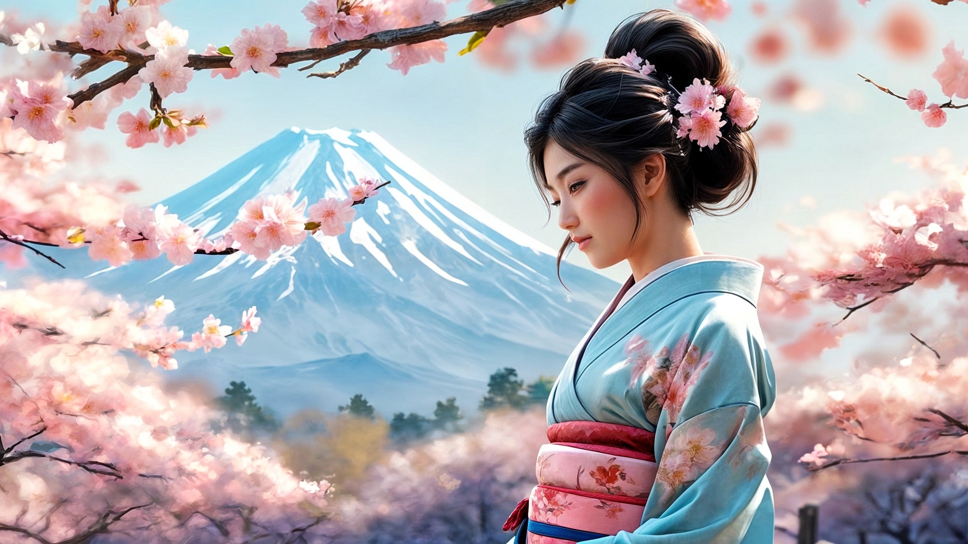 Бесплатное фото Японская девушка в кимоно на фоне горы