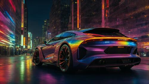 A futuristic car brightly lit with neon lights.