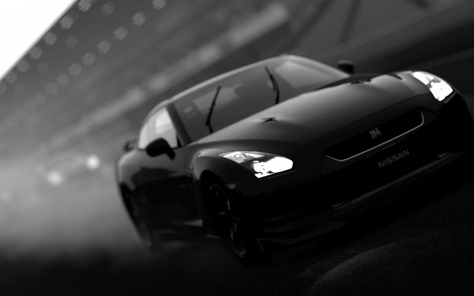 Бесплатное фото Nissan GTR на черно-белом фото