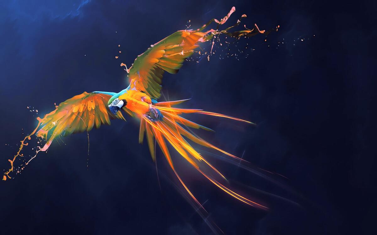Рисунок попугая красками на темно-синем фоне