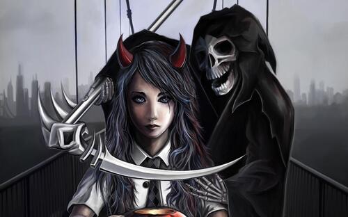 Death with a scythe with a vampire.