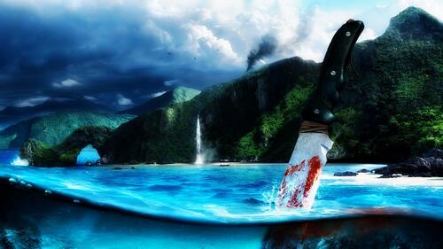 Atmospheric picture from the game far cry 3 with a bloody knife
