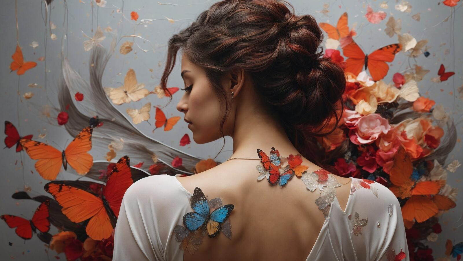 Free photo A woman with many butterflies on her back