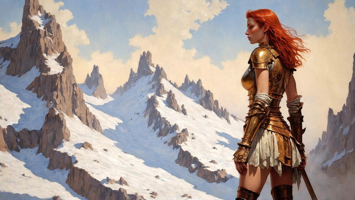 Рыжеволосая девушка в доспехах стоит на фоне снежных гор