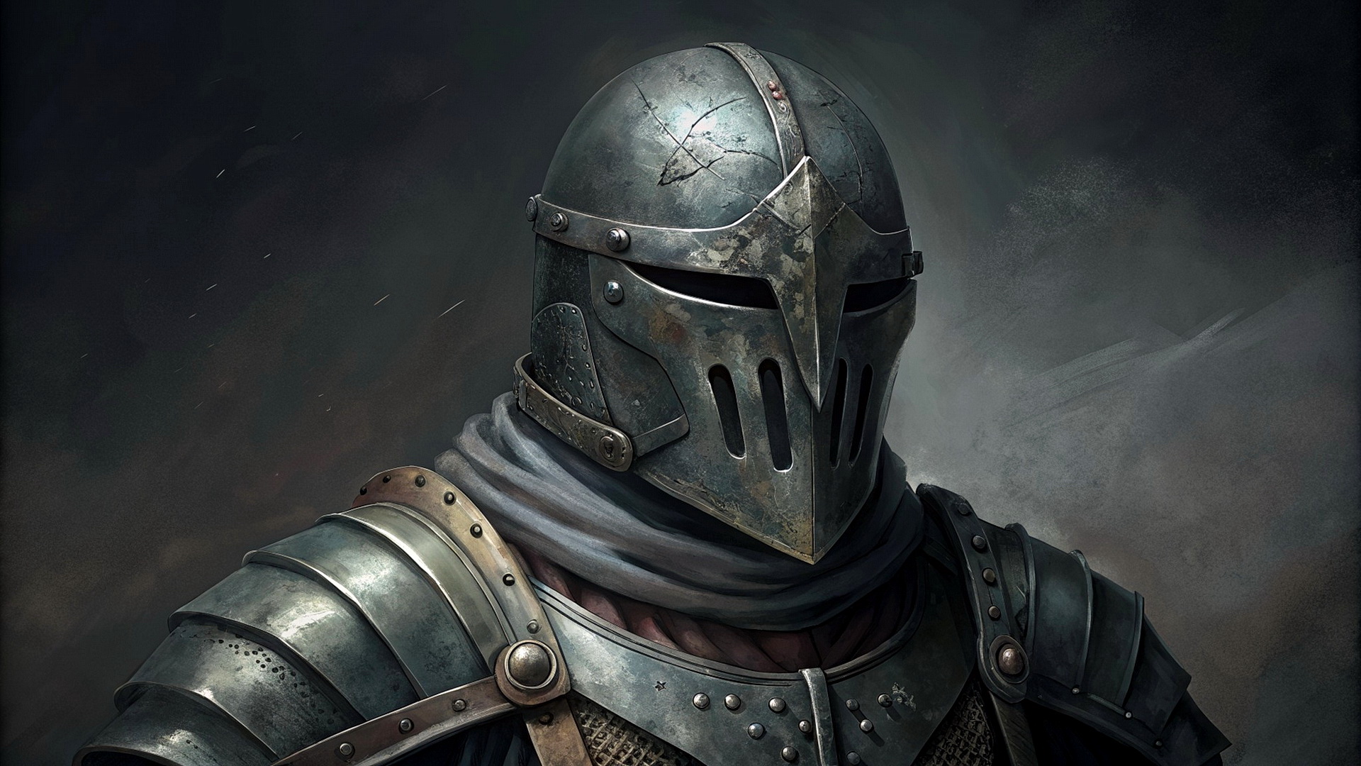 深色背景下头戴头盔身着盔甲的骑士肖像