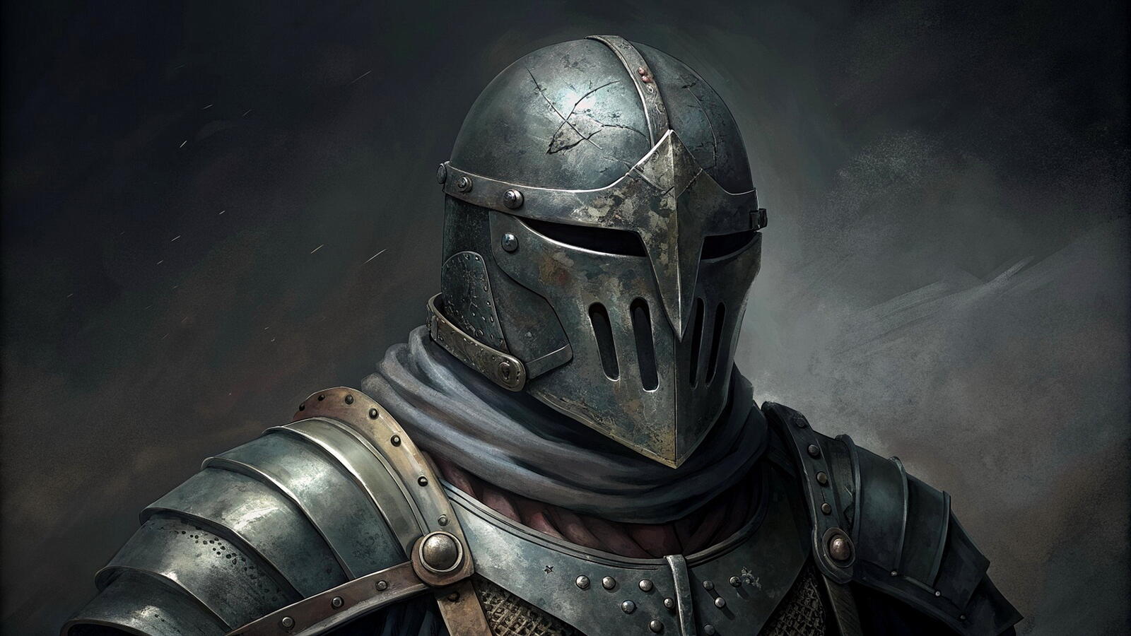 Бесплатное фото Портрет рыцаря в шлеме и доспехах на темном фоне