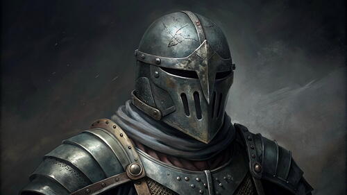 Portrait of a knight in helmet and armor on a dark background