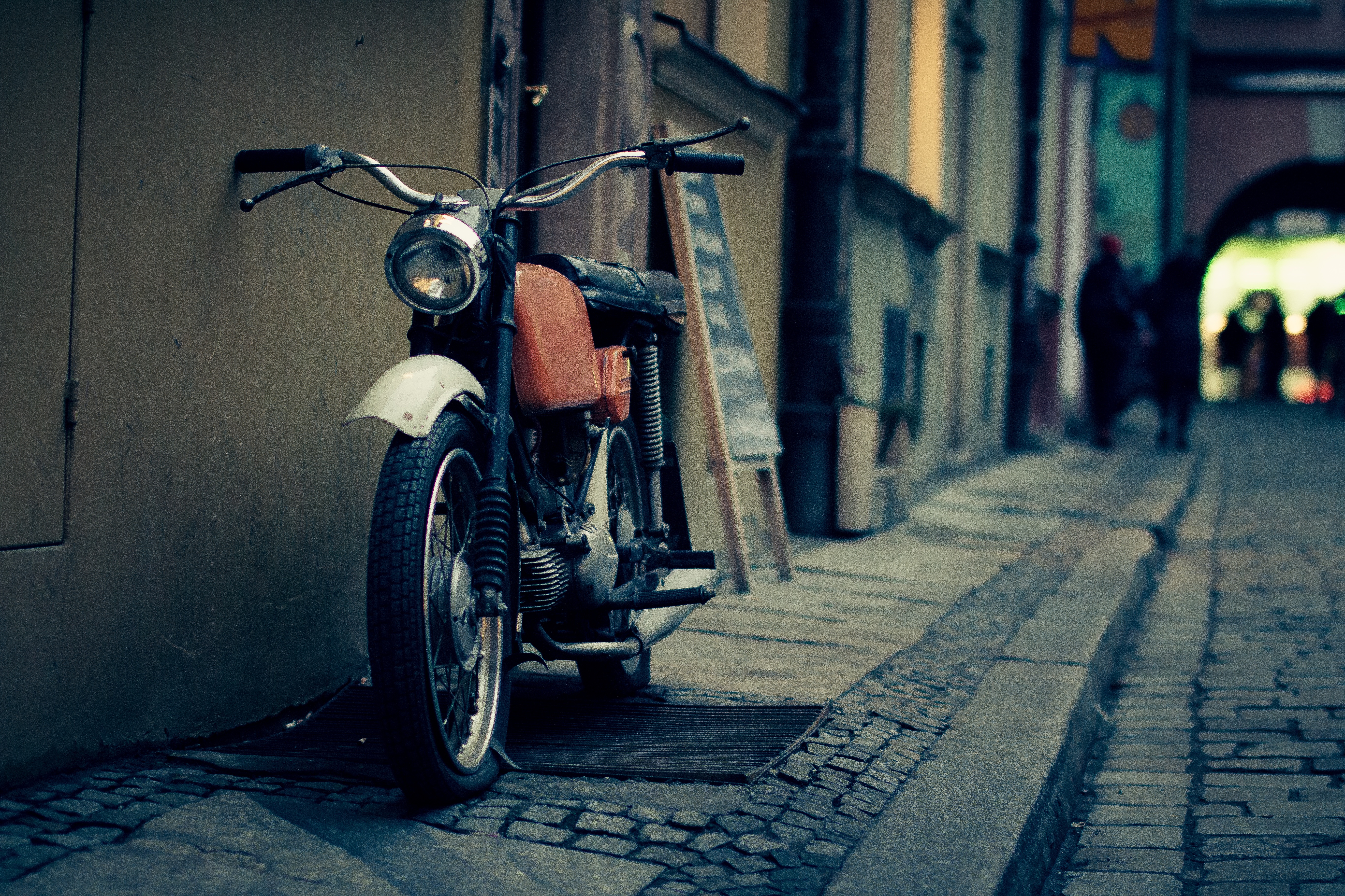 A vintage motorcycle on the streets of the city