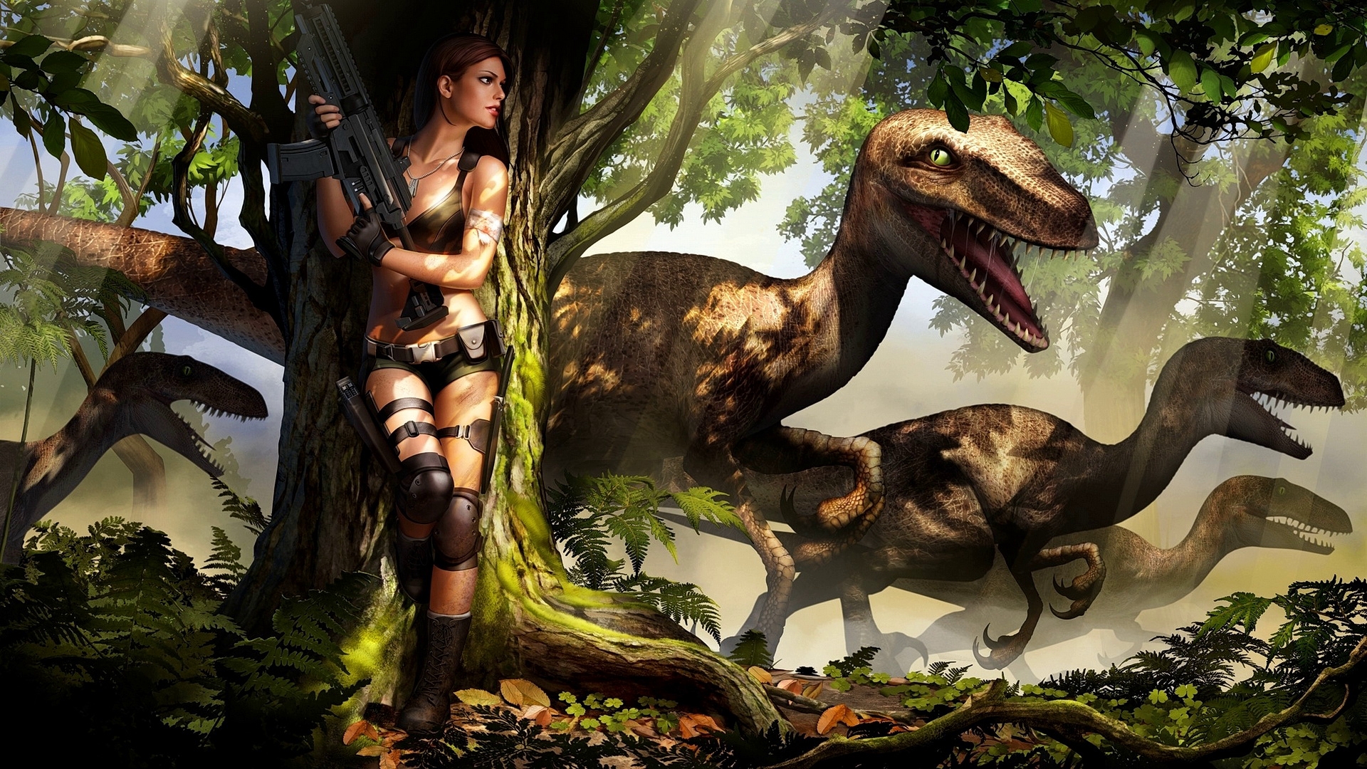 一个手持机枪的女孩站在一棵树和恐龙后面