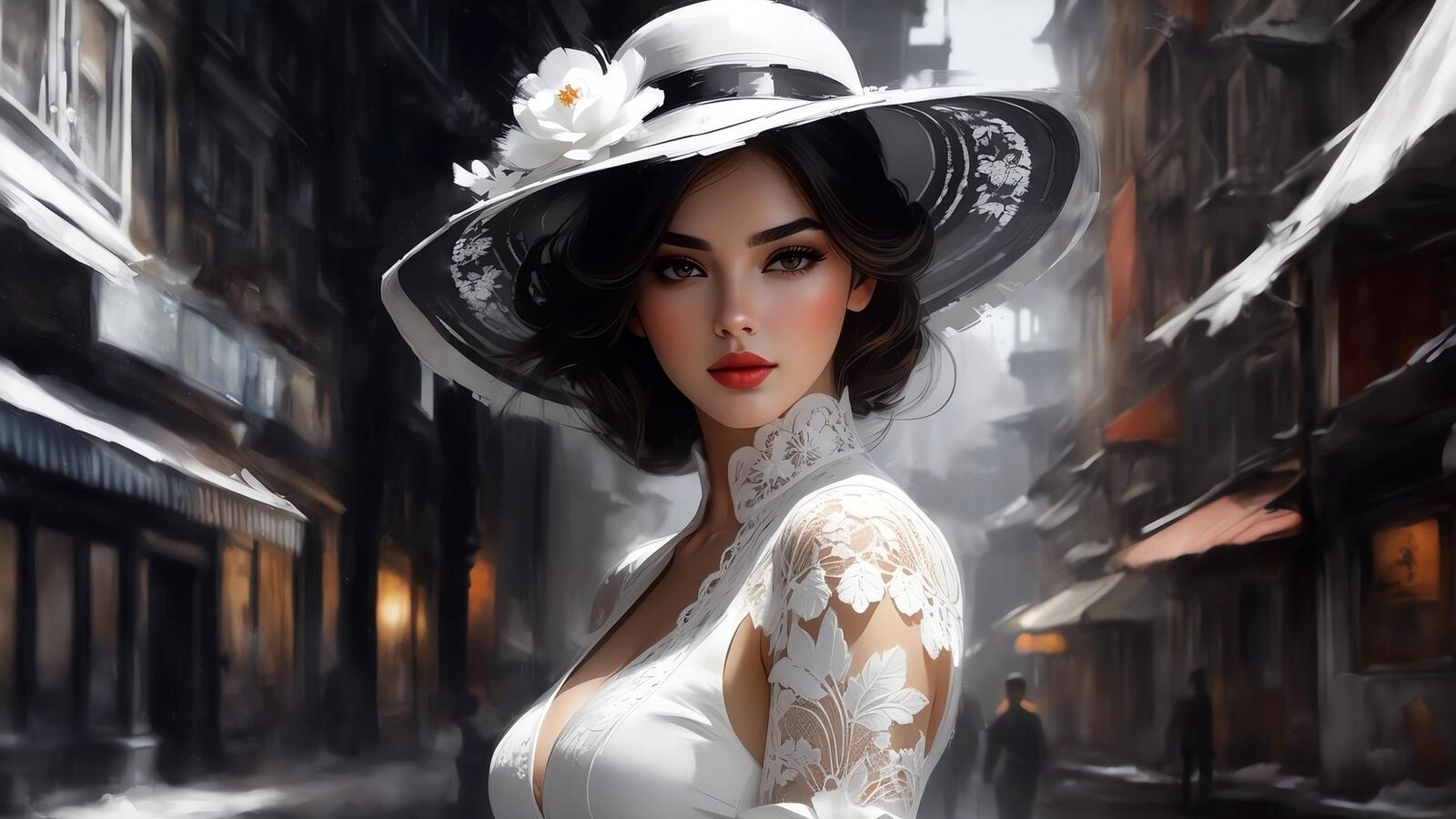 Free photo Portrait of a girl in a white hat and dress on the street of the old town