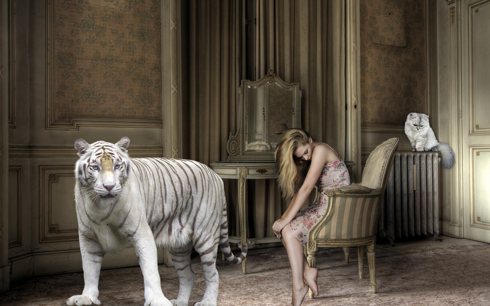 Бесплатное фото Белый тигр рядом с грустной девушкой