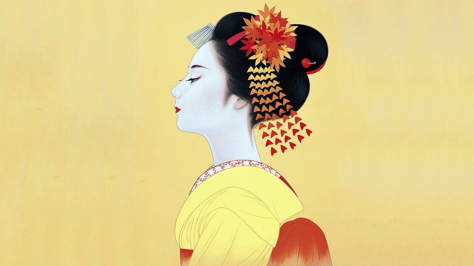 免费照片日本女人和黄色背景
