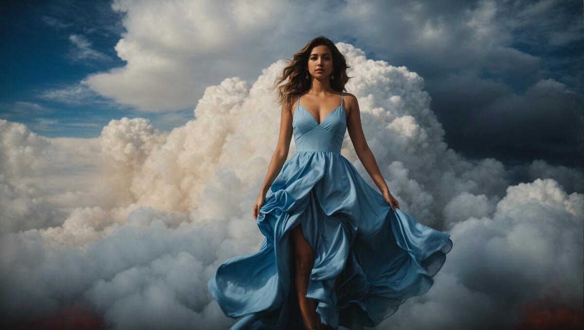 Женщина в платье стоит на облаках.