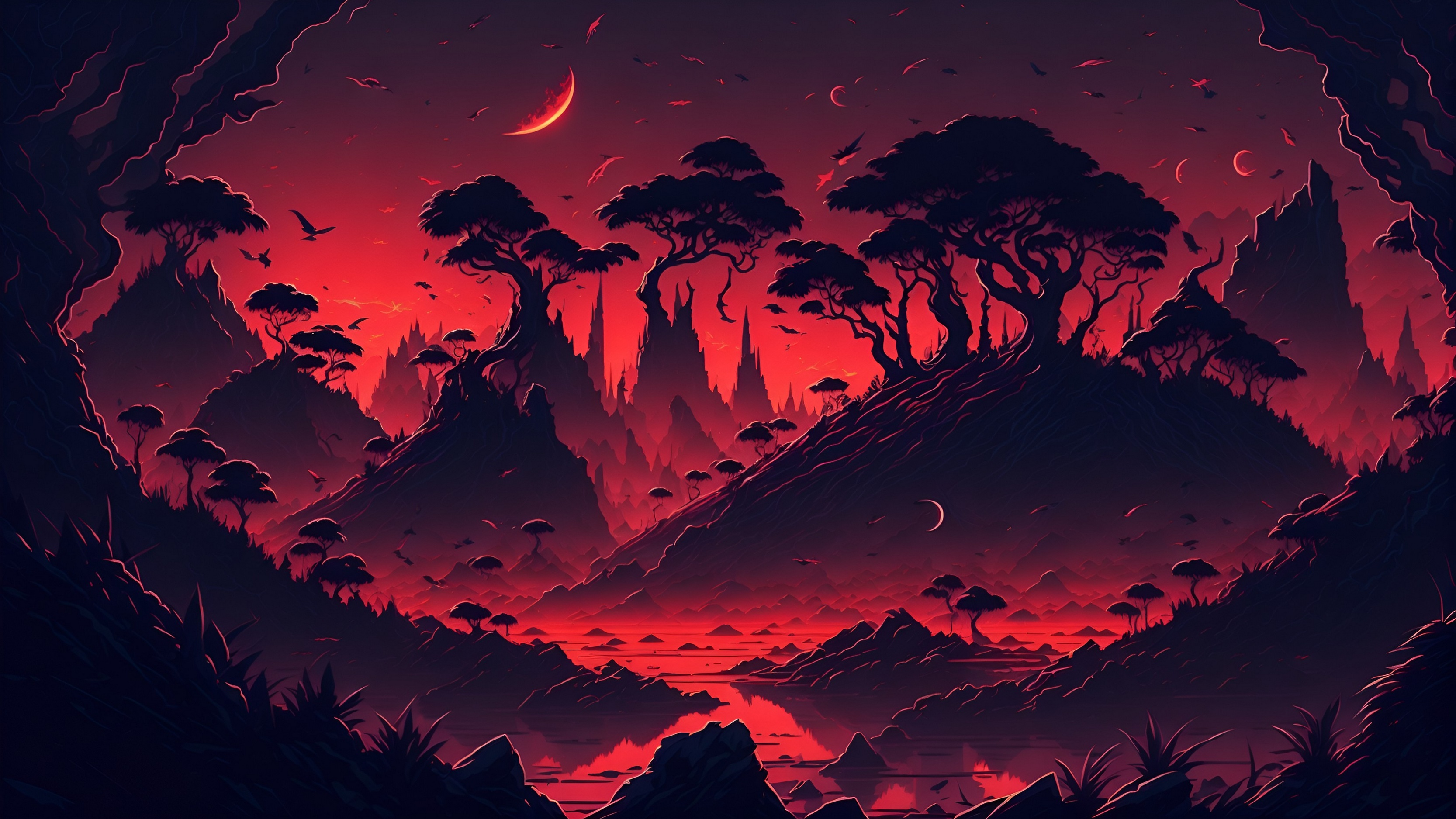 Фэнтезийный рисунок с деревьями и красным небом