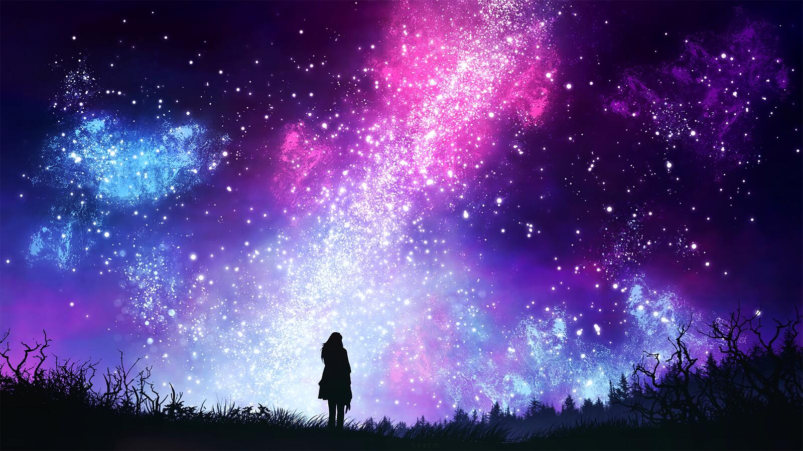 Бесплатное фото Силуэт девушки на фоне волшебного неба