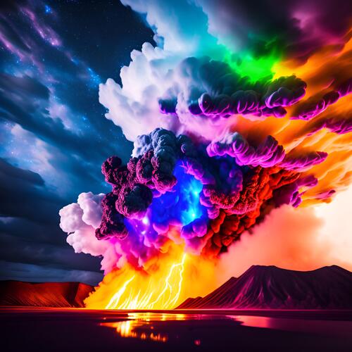 Massive surging amazing multicolored volcanic clouds, illuminated by fire from below and all